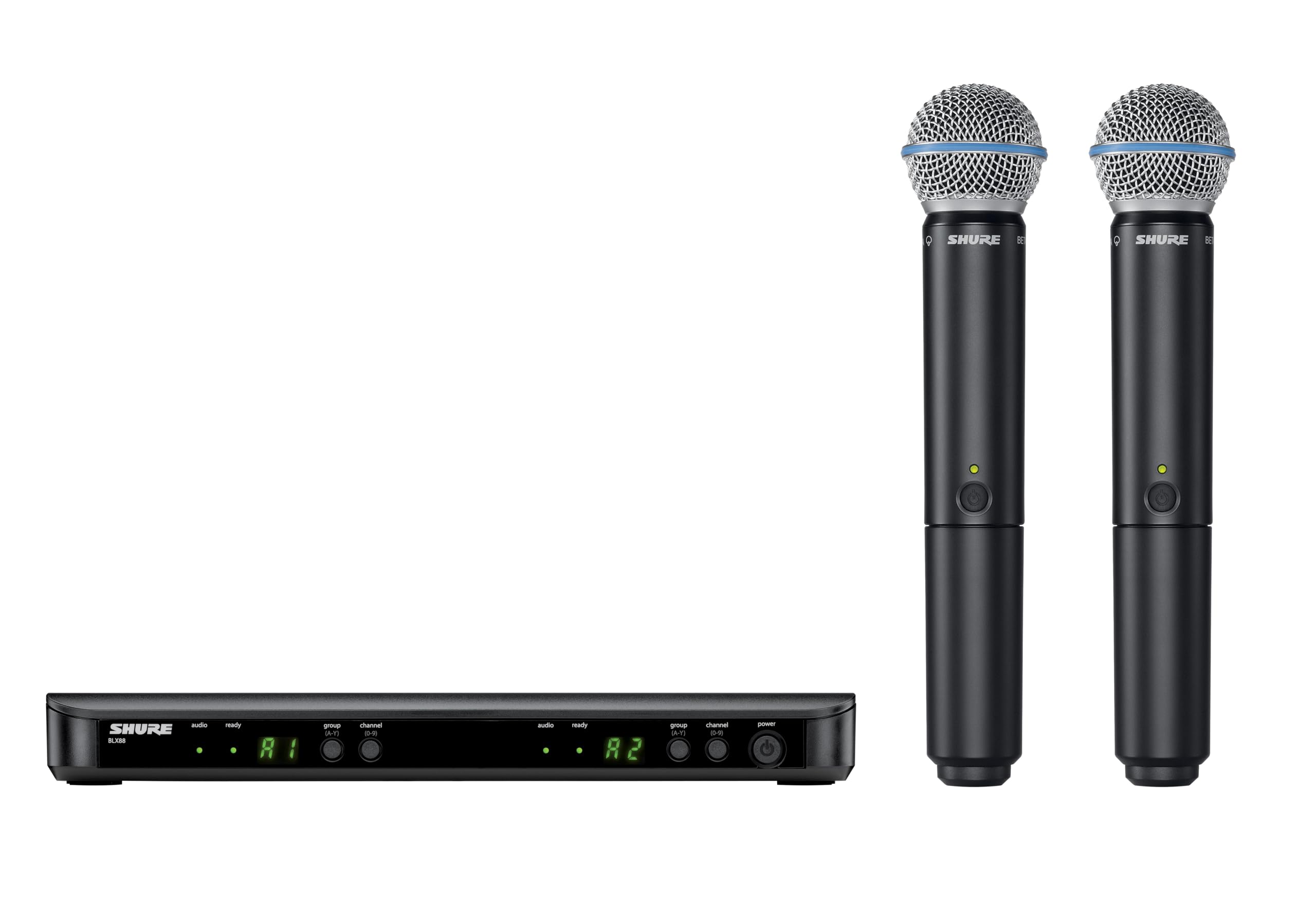 Shure BLX288/B58 Wireless Microphone System - 14-Hour Battery Life, 300 ft Range, UHF | Includes (2) BETA 58A Handheld Vocal Mics, Dual Channel Receiver | H11 Band (BLX288/B58-H11) Shure BLX288/B58 Wireless Microphone System - 14-Hour Battery Life, 300 ft Range, UHF | Includes (2) BETA 58A Handheld Vocal Mics, Dual Channel Receiver | H11 Band (BLX288/B58-H11)